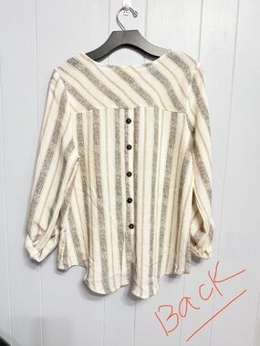 #7)  Sweet Wanderer Cream and Brown Striped Button-Back Blouse